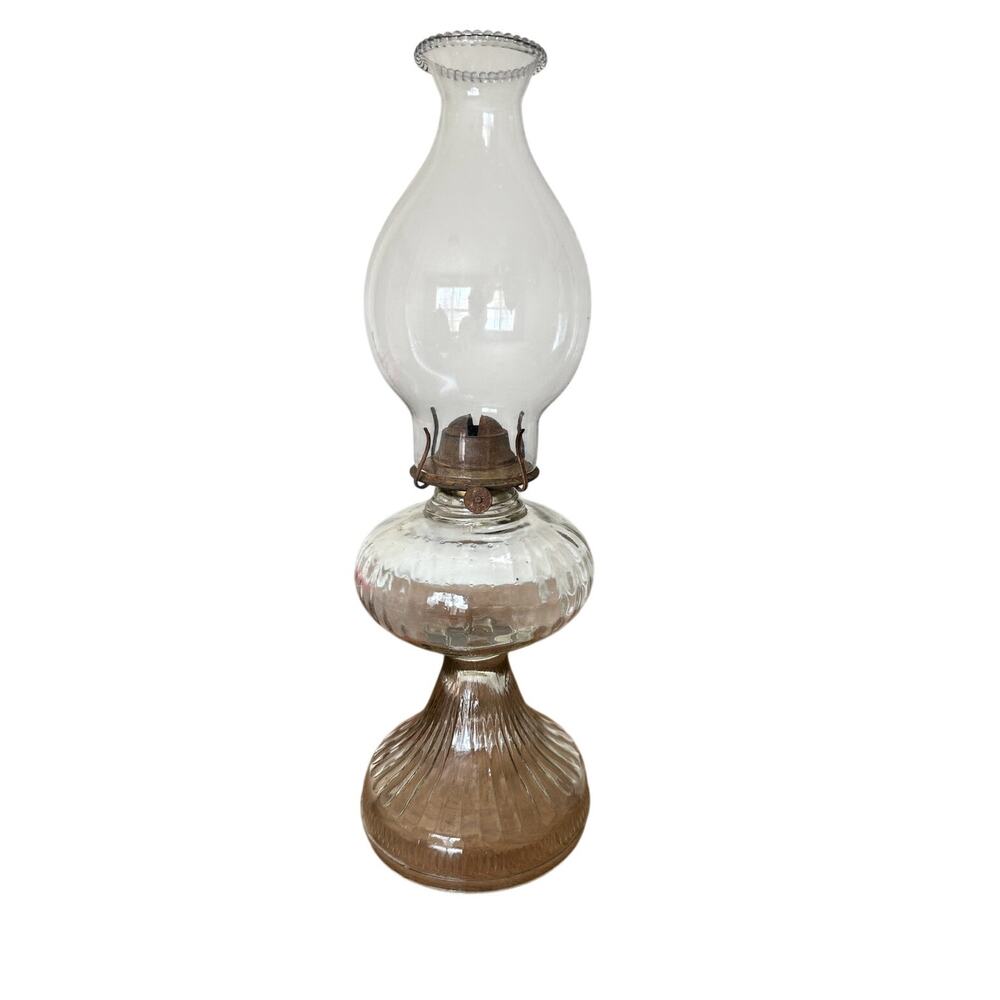 Vintage Clear Glass Oil Lamp 18.5” Tall Complete W/ Chimney